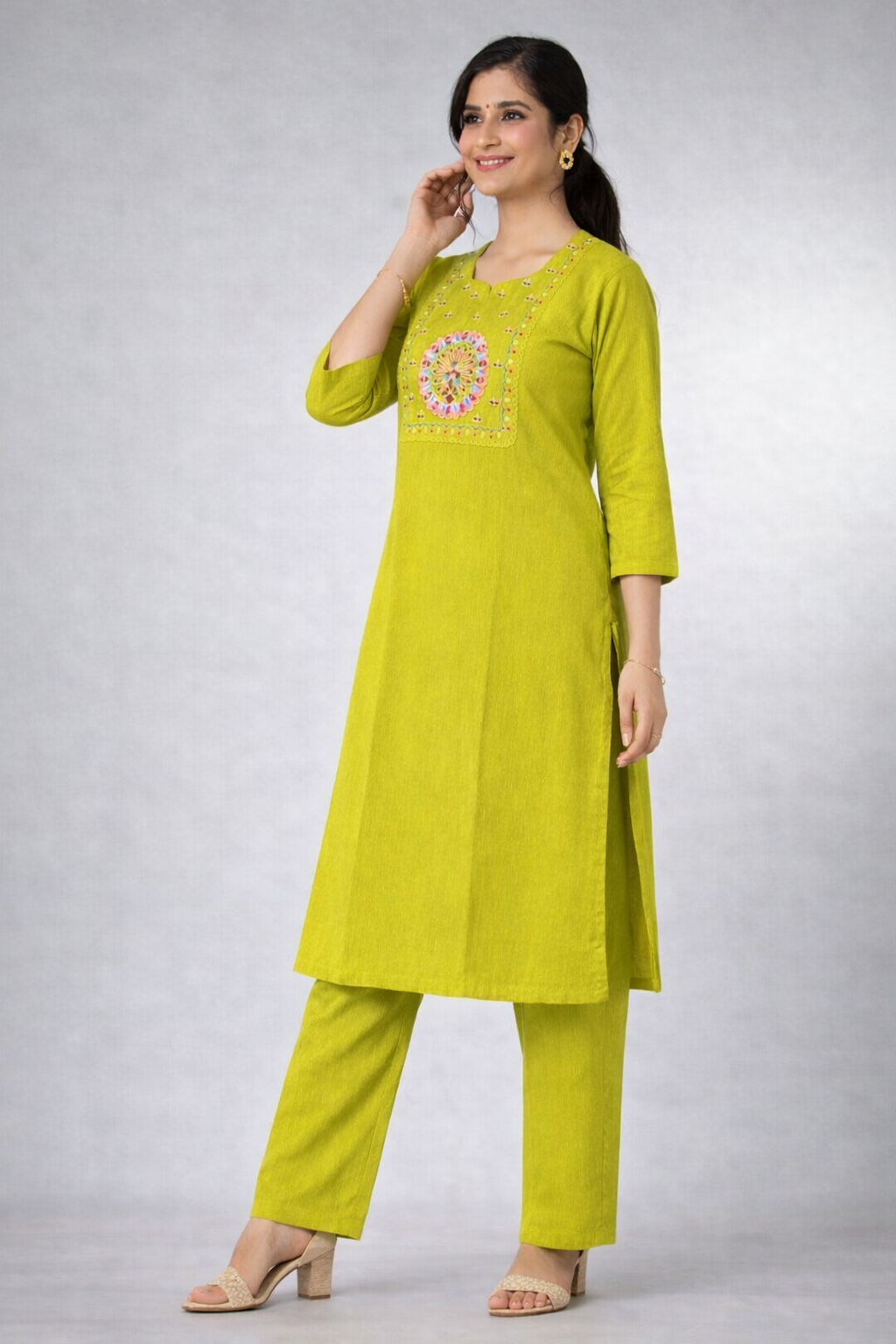 Cotton Blend Embroidered Kurti Pant Set for Women