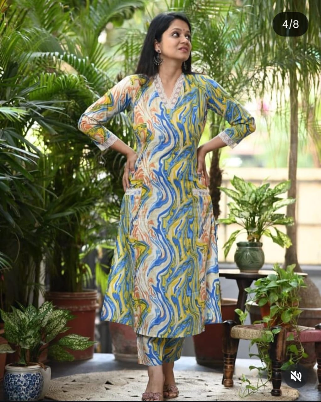 Cotton Blend Multicolor Printed Kurti Pant Set with Side Pocket