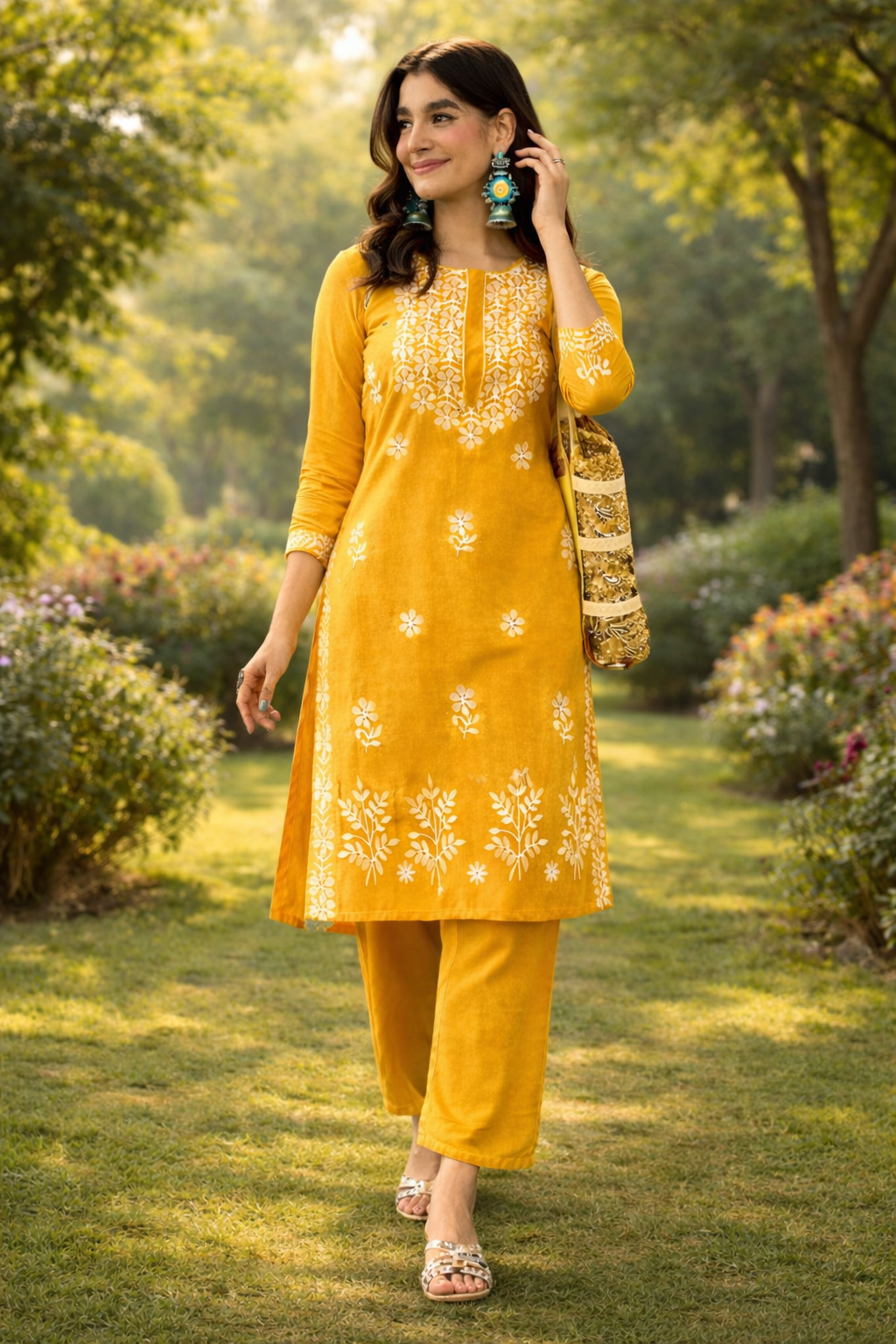 Tesla Cotton Blend Embroidered Kurti Pant Set Mustard Yellow