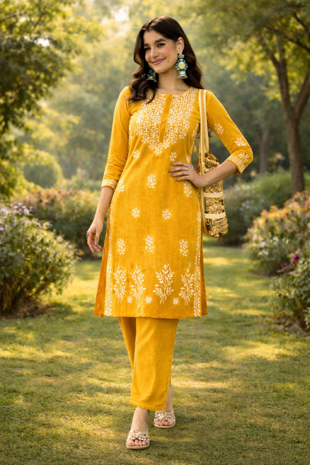 Tesla Cotton Blend Embroidered Kurti Pant Set Mustard Yellow