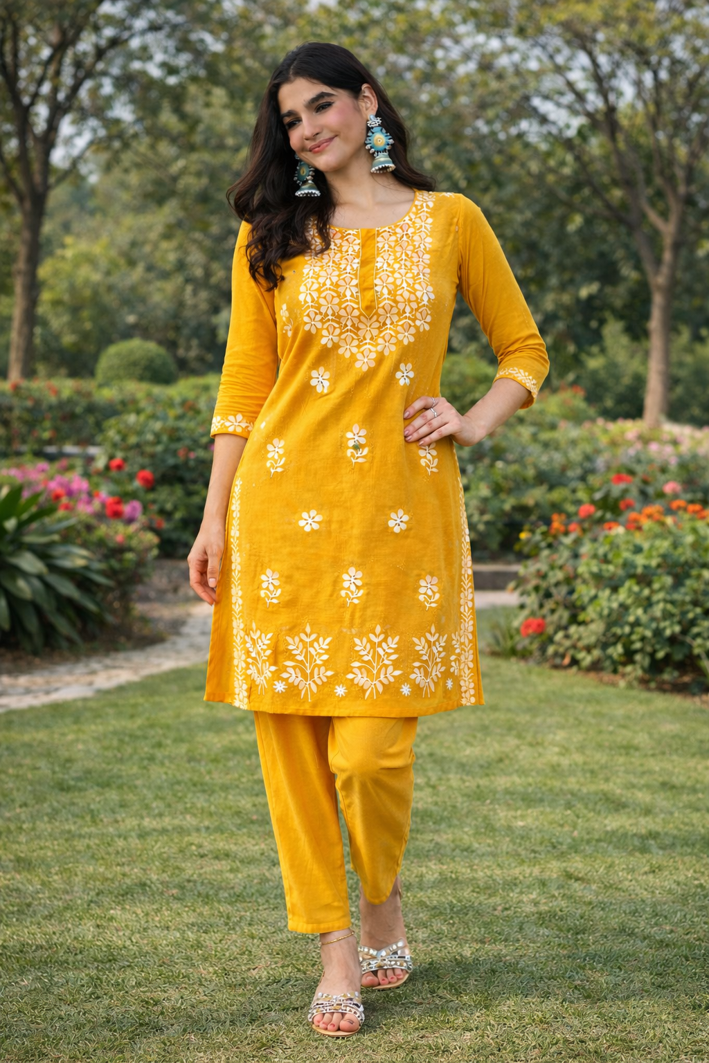 Tesla Cotton Blend Embroidered Kurti Pant Set Mustard Yellow