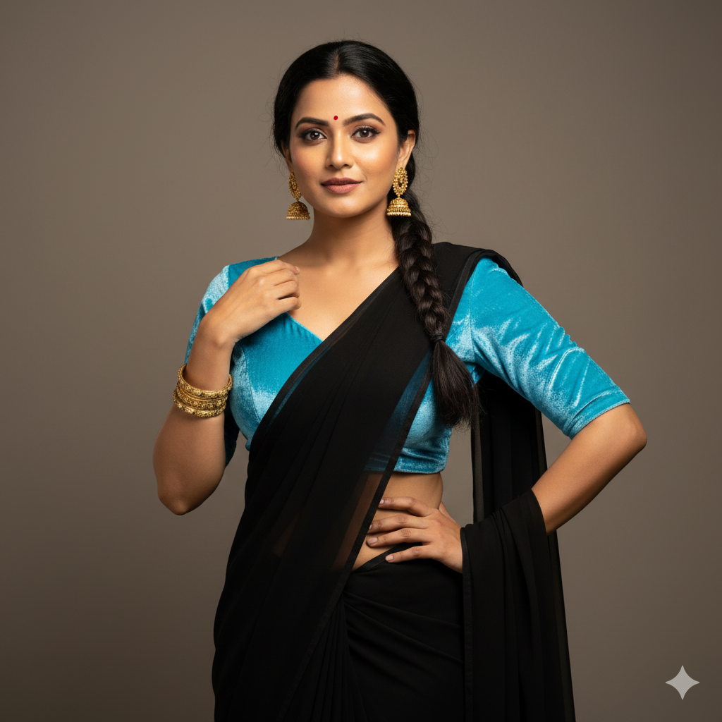 Black georgette saree styled with sky blue velvet blouse for fresh contrast look