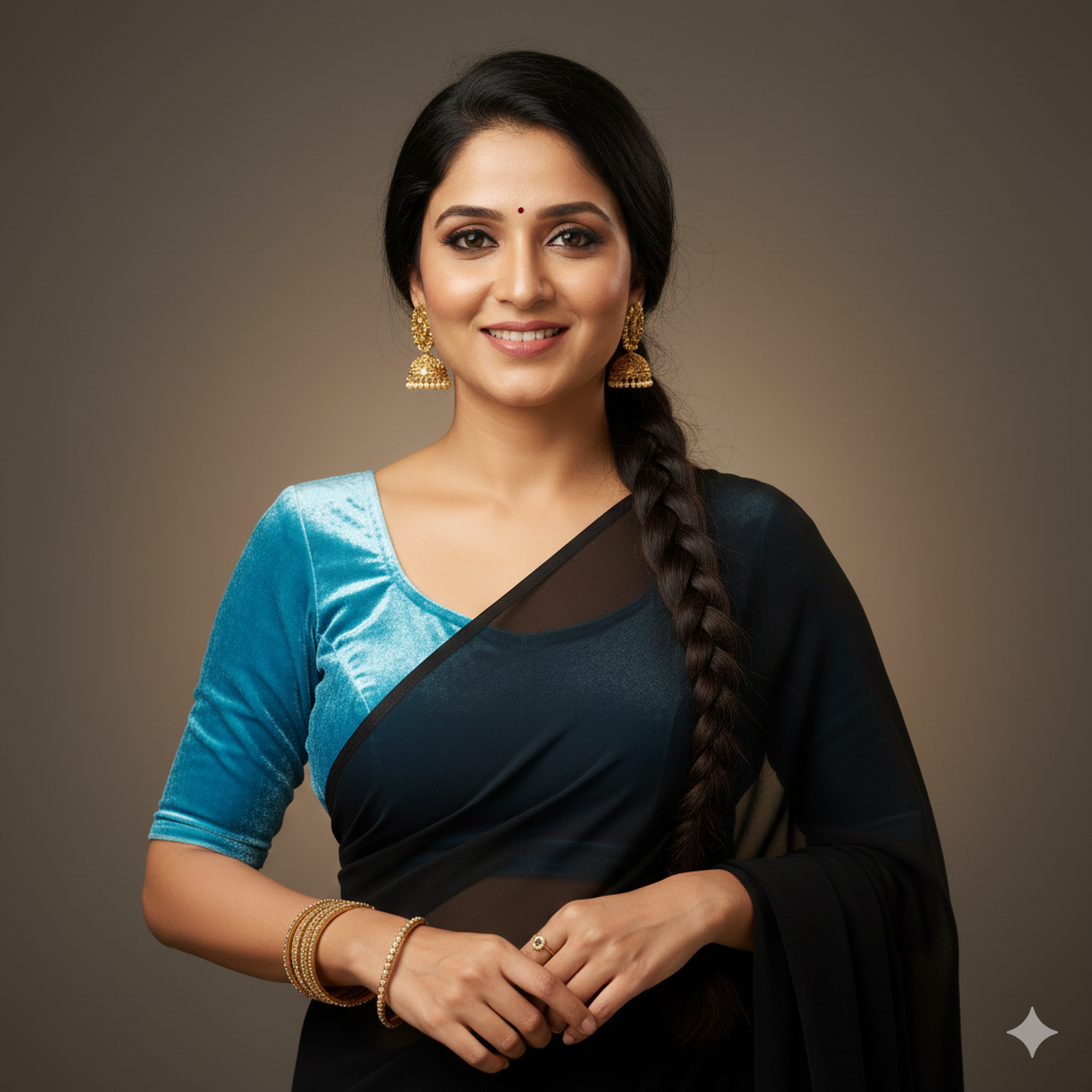 Black georgette saree styled with sky blue velvet blouse for fresh contrast look