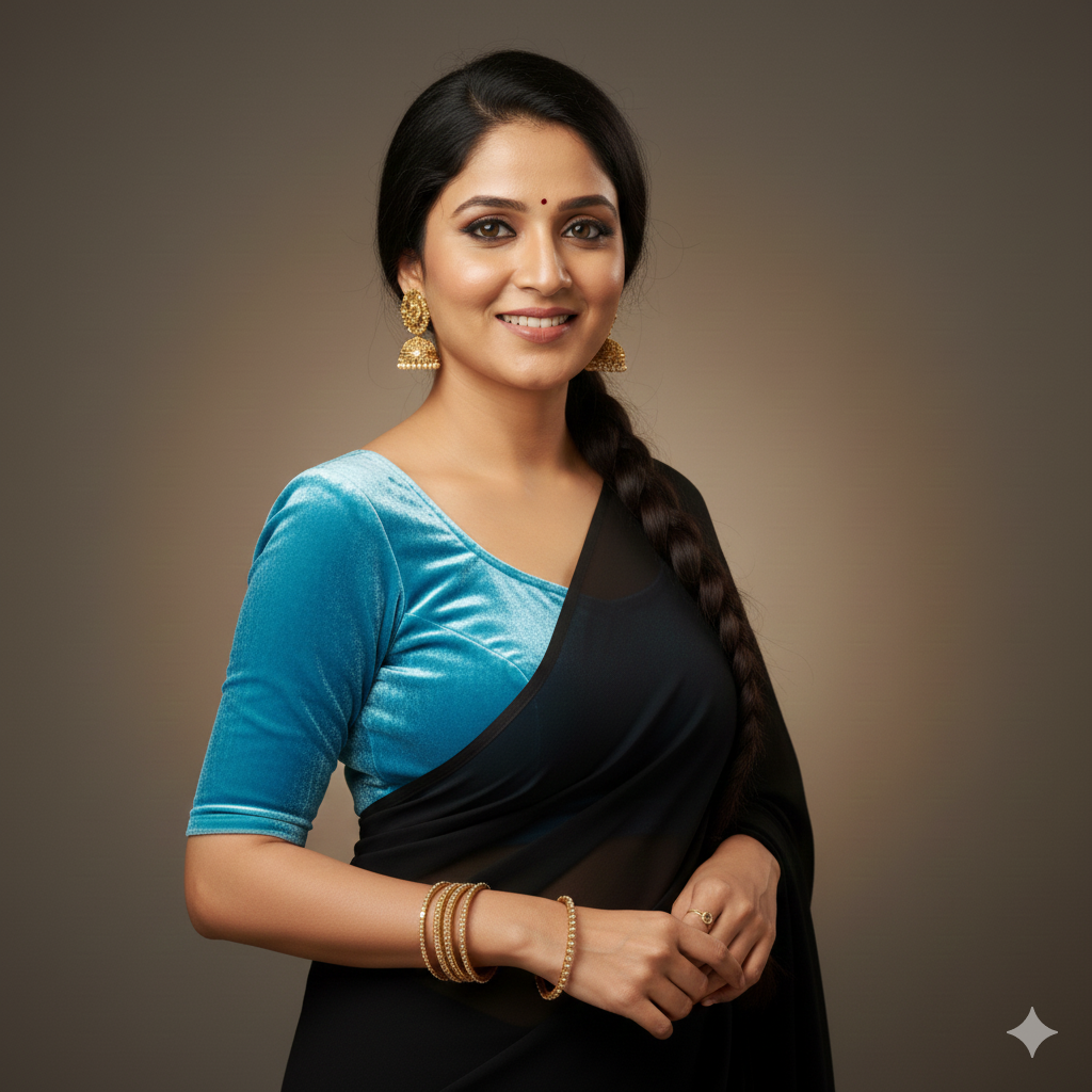 Black georgette saree styled with sky blue velvet blouse for fresh contrast look