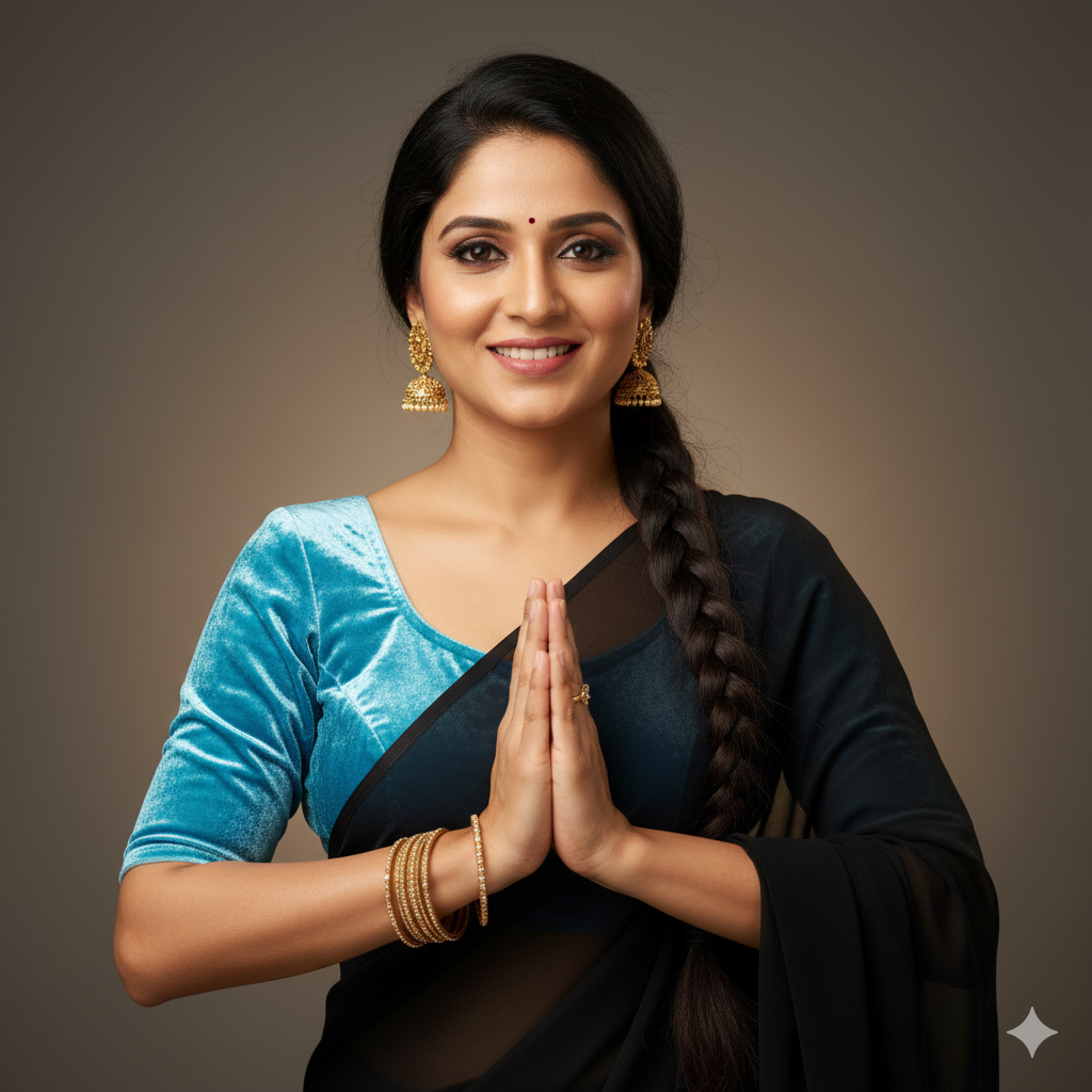 Black georgette saree styled with sky blue velvet blouse for fresh contrast look