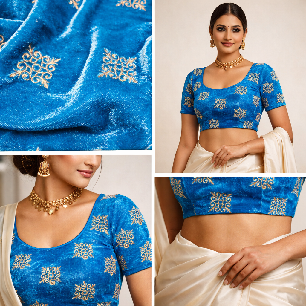 Sky Blue Kite Embroidery Velvet Fabric – Designer Work | 1 Meter
