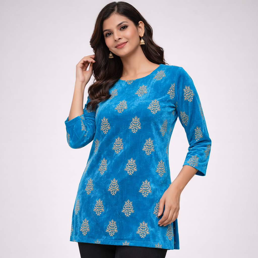 Sky Blue Kite Embroidery Velvet Fabric – Designer Work | 1 Meter
