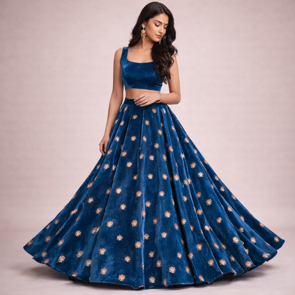 Sky Blue Star Embroidery Fabric – Designer Embroidered Fabric for Lehenga, Blouse & Kurti – 44 Inch Width – 1 Meter