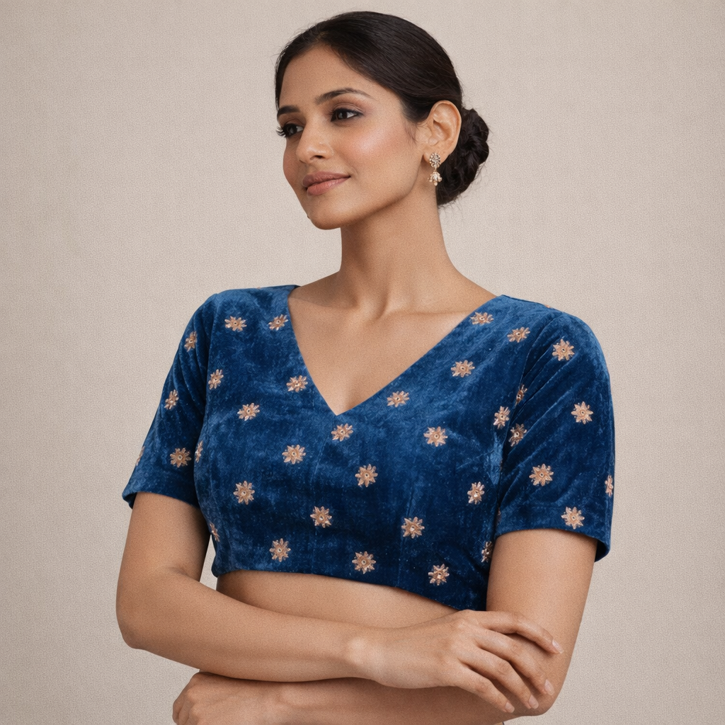 Sky Blue Star Embroidery Fabric – Designer Embroidered Fabric for Lehenga, Blouse & Kurti – 44 Inch Width – 1 Meter