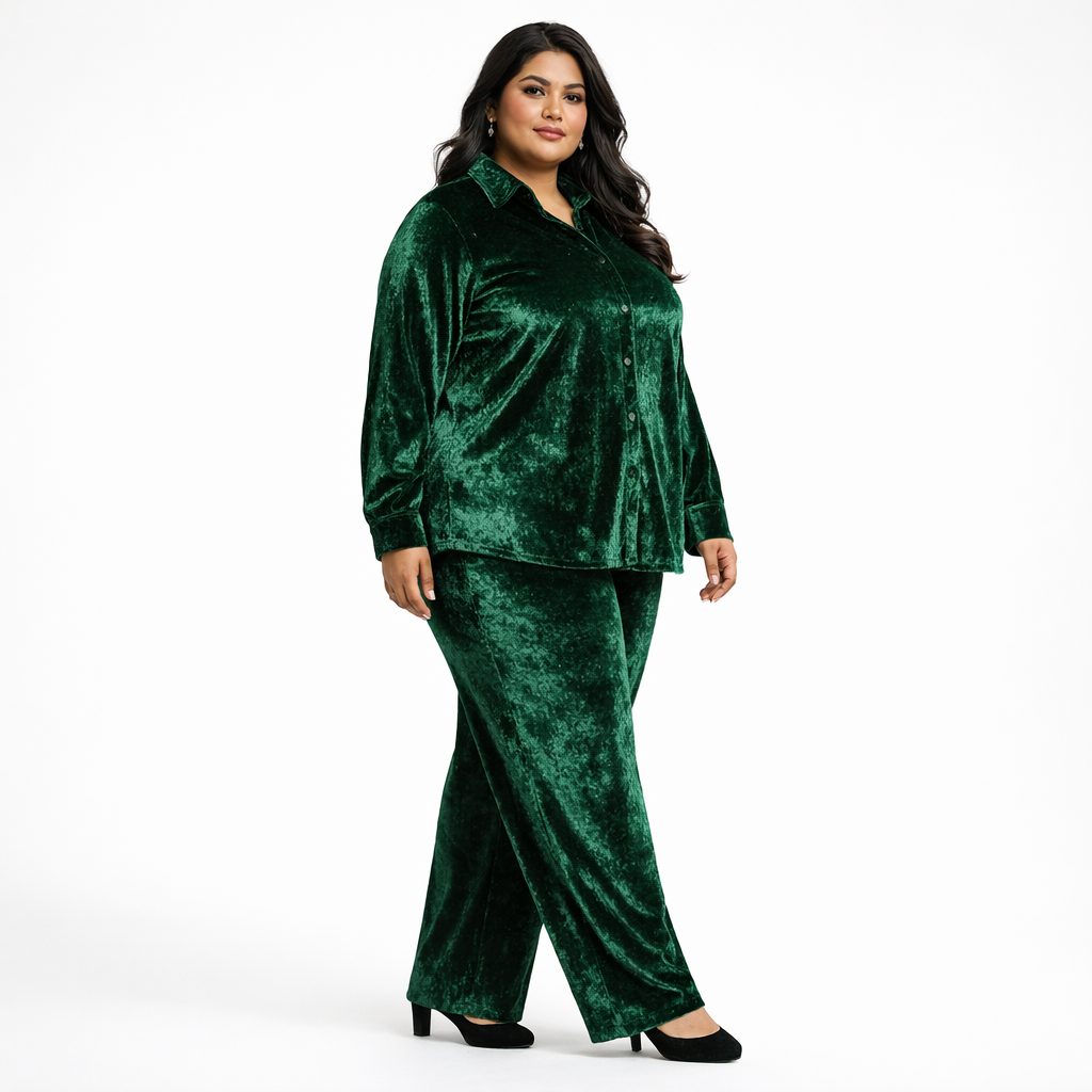 Green Solid Velvet Plus Size Pant Shirt Co-Ord Set for Women – 7XL