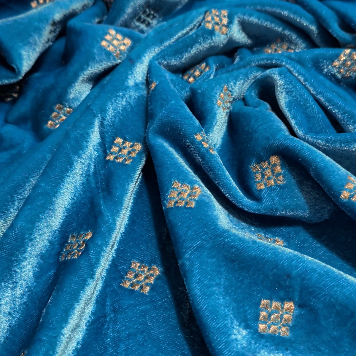 Sky Blue Square Embroidery Velvet Fabric – Designer Work | 1 Meter