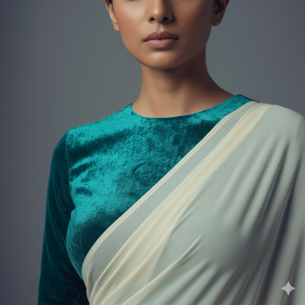 Cream georgette saree styled with teal velvet blouse for elegant modern contrast