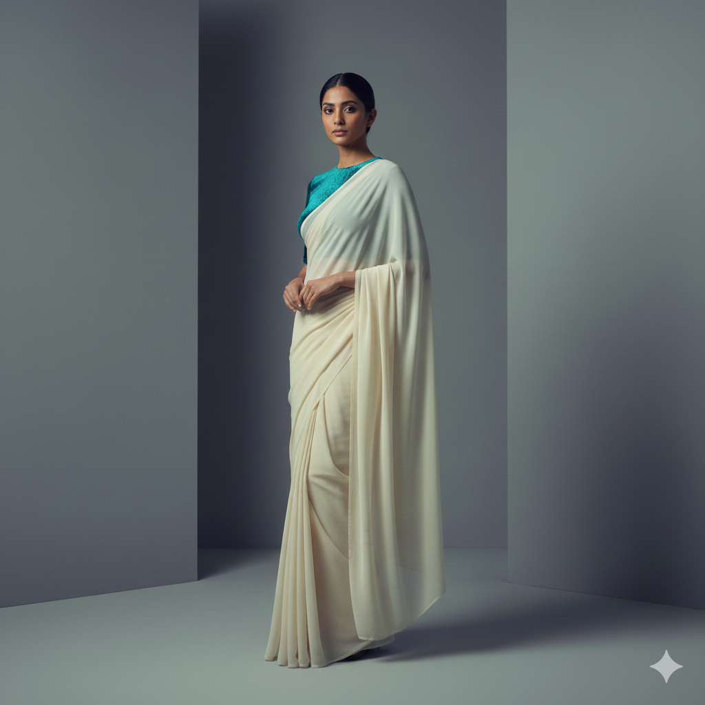 Cream georgette saree styled with teal velvet blouse for elegant modern contrast