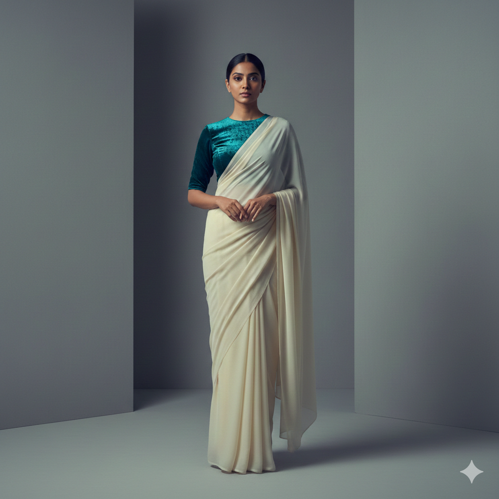 Cream georgette saree styled with teal velvet blouse for elegant modern contrast