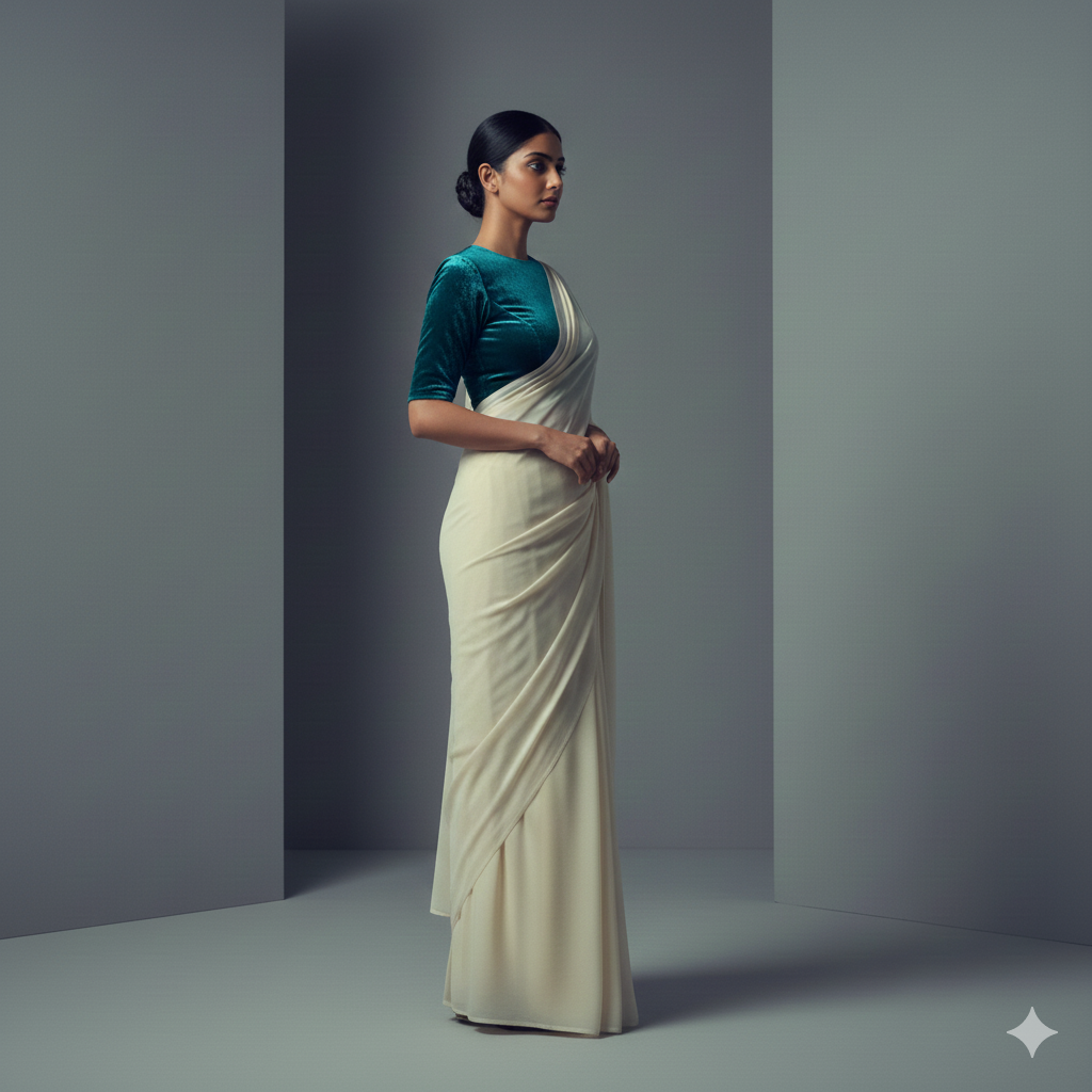 Cream georgette saree styled with teal velvet blouse for elegant modern contrast