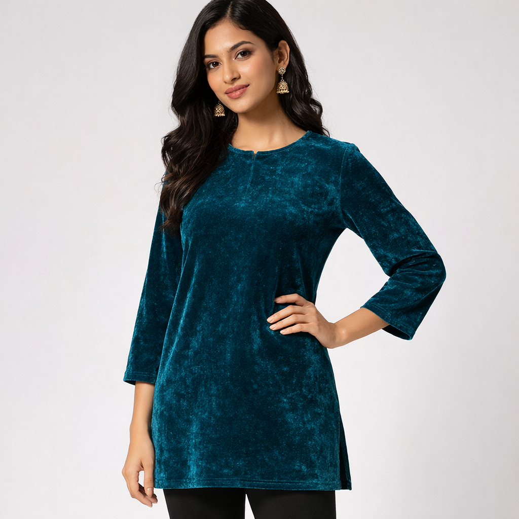 Solid Velvet Fabric for Blouse – Plain Unstitched Velvet Cloth – Teal – 1 Meter