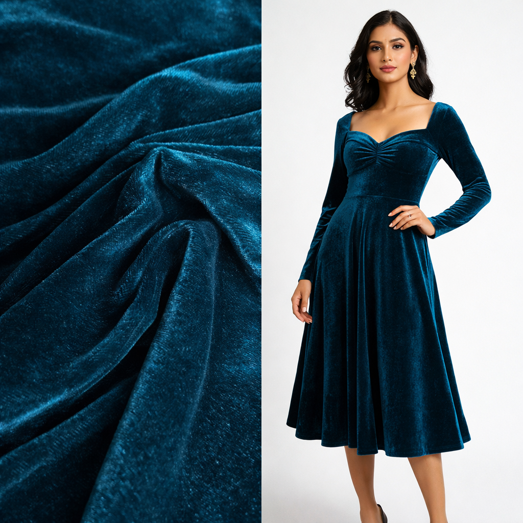 Solid Velvet Fabric for Blouse – Plain Unstitched Velvet Cloth – Teal – 1 Meter