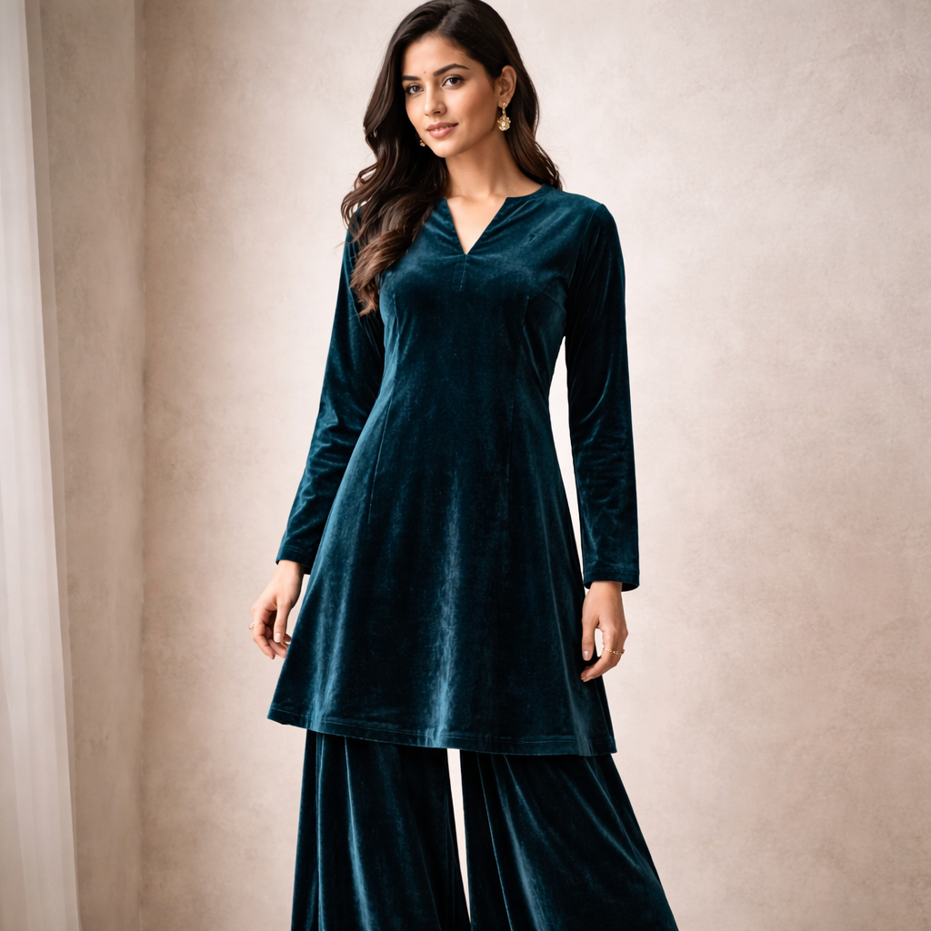Solid Velvet Fabric for Blouse – Plain Unstitched Velvet Cloth – Teal – 1 Meter