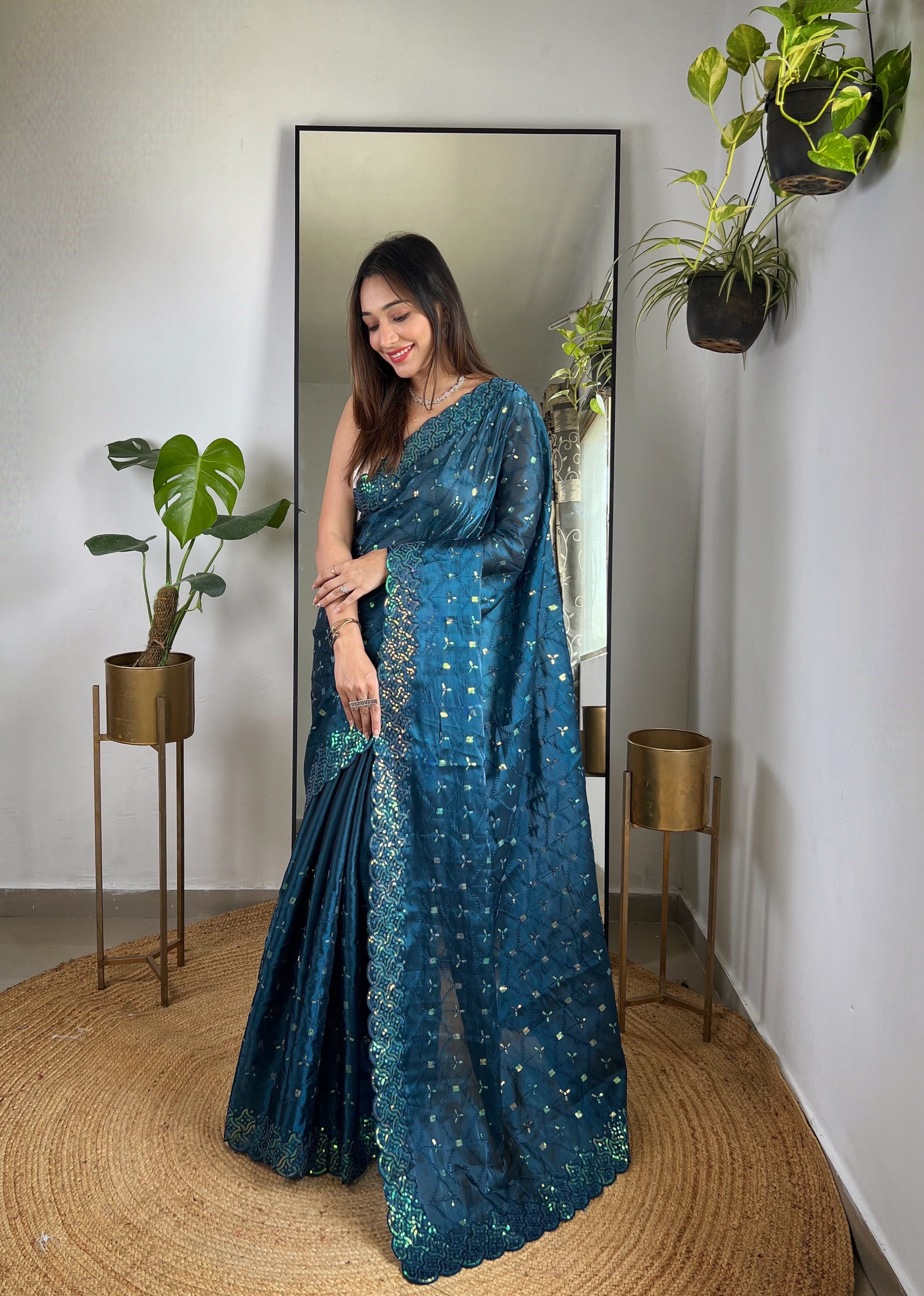 soft zimmy choo silk saree with designer sequin thread embroidery and cutwork