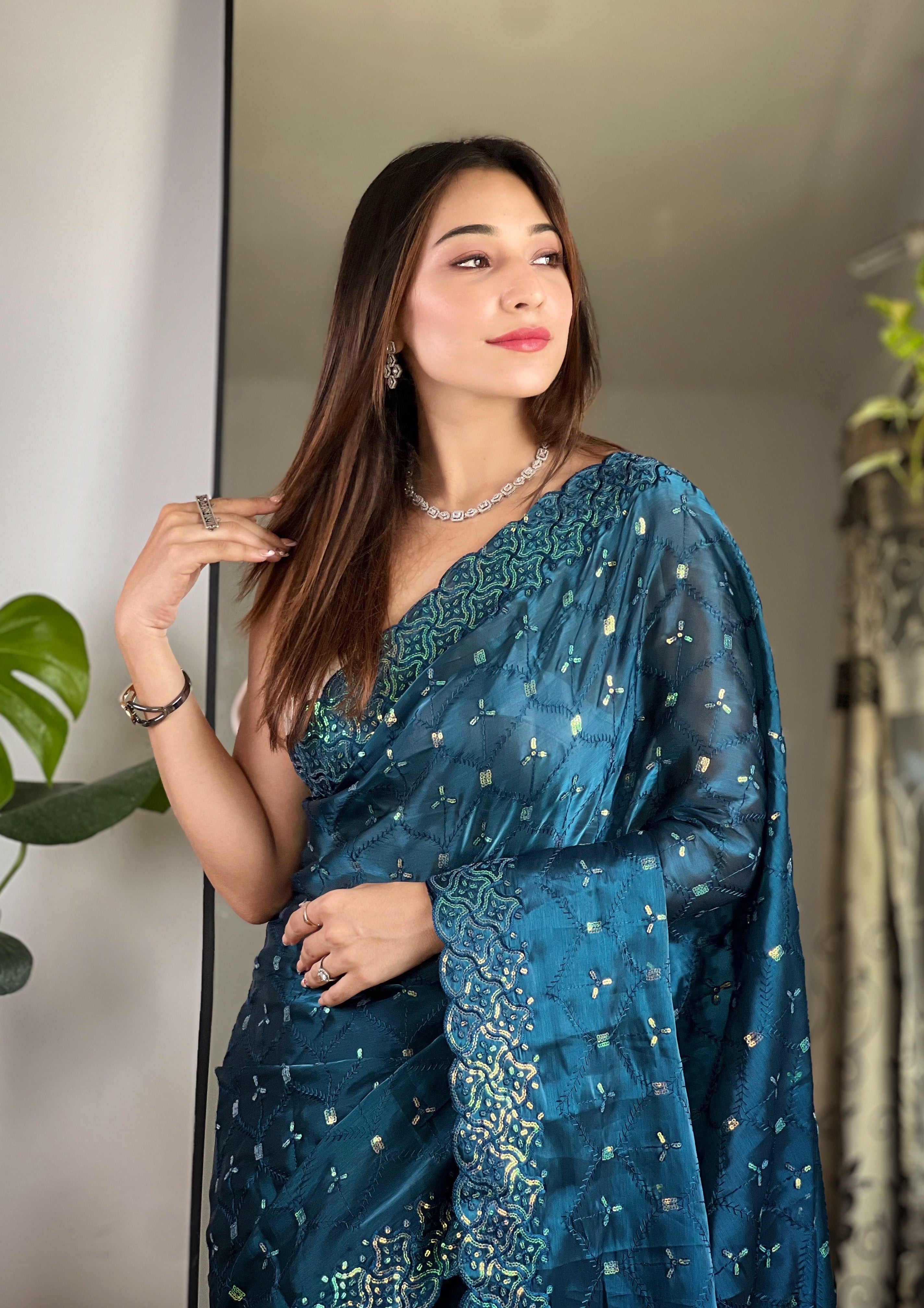 soft zimmy choo silk saree with designer sequin thread embroidery and cutwork