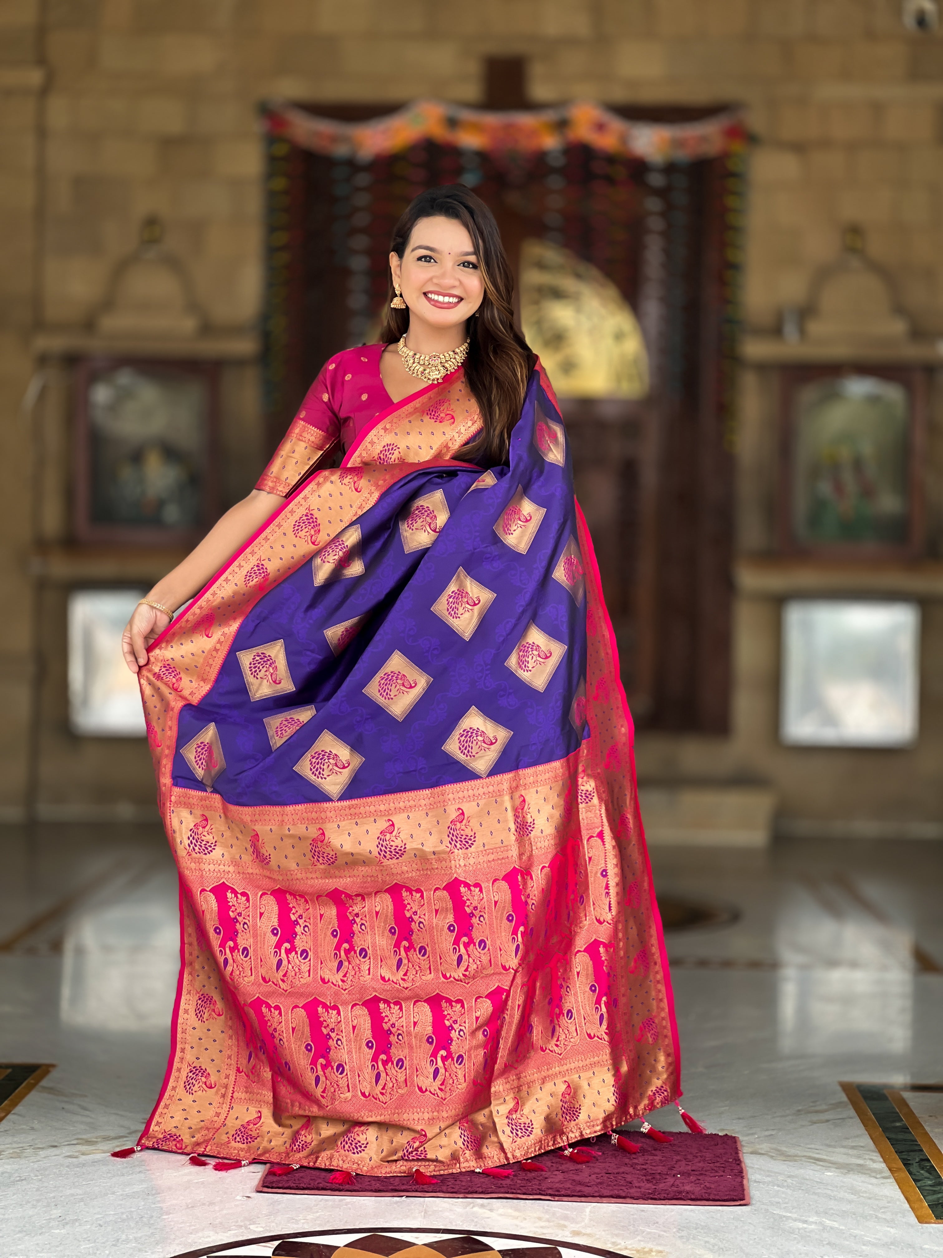 Soft Banarasi silk saree with zari weaving and Meenakari design and contrast woven pallu by Weave