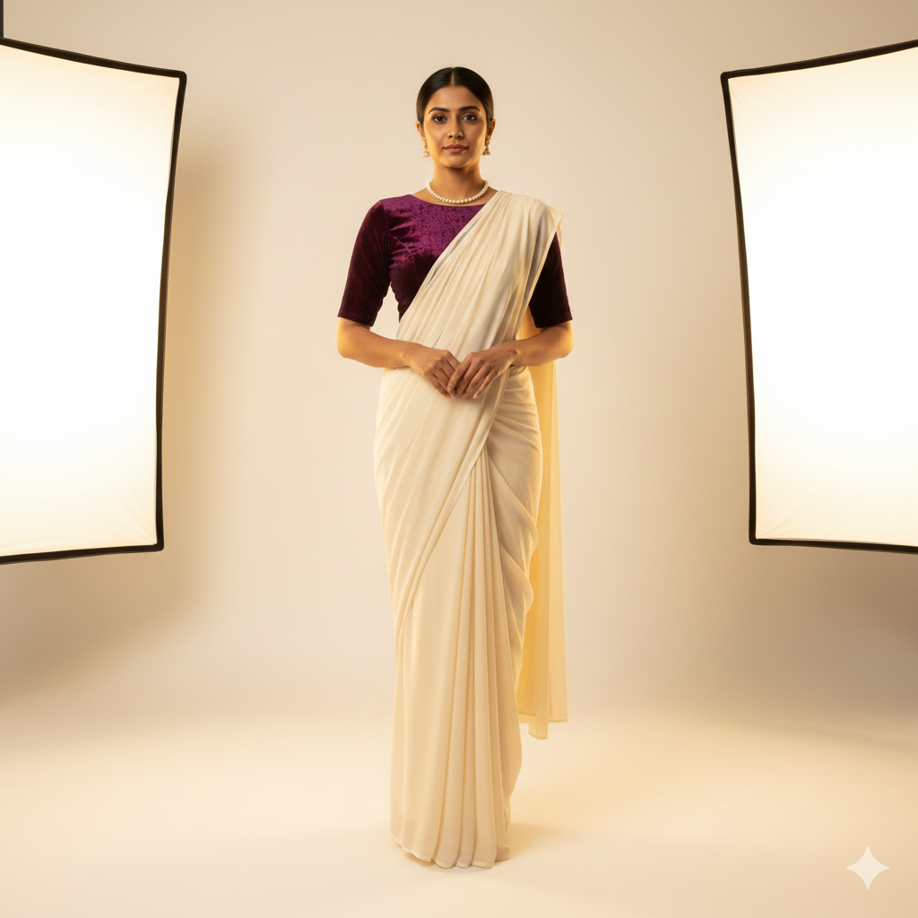 Cream georgette saree paired with wine velvet blouse for rich elegant contrast