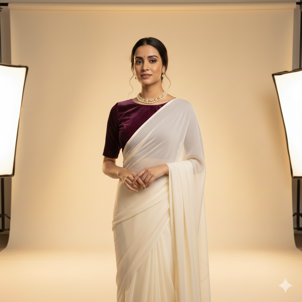 Cream georgette saree paired with wine velvet blouse for rich elegant contrast