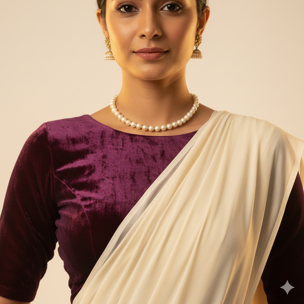 Cream georgette saree paired with wine velvet blouse for rich elegant contrast