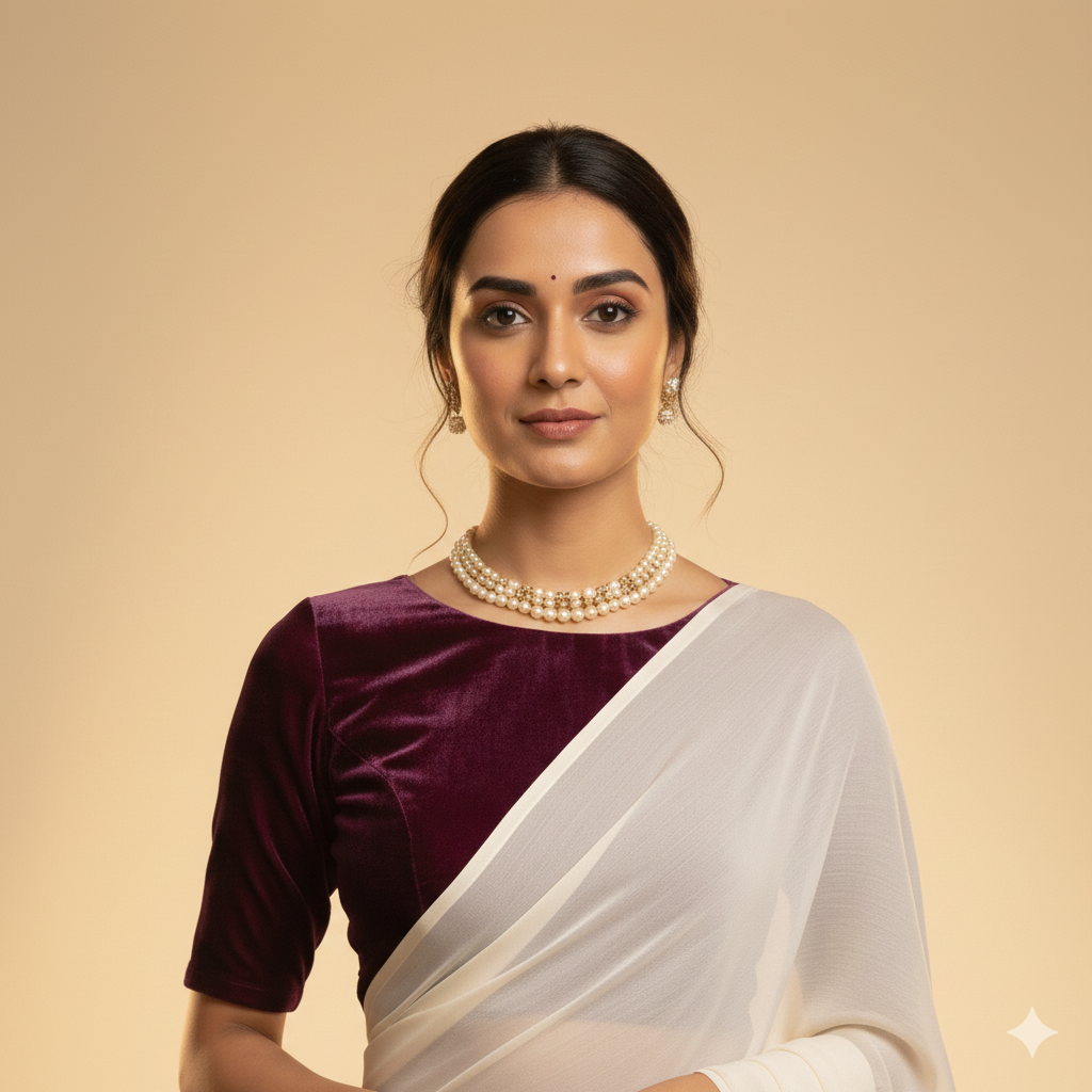 Cream georgette saree paired with wine velvet blouse for rich elegant contrast