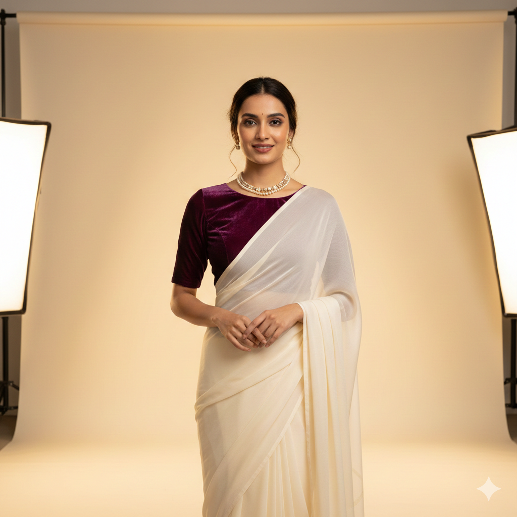 Cream georgette saree paired with wine velvet blouse for rich elegant contrast