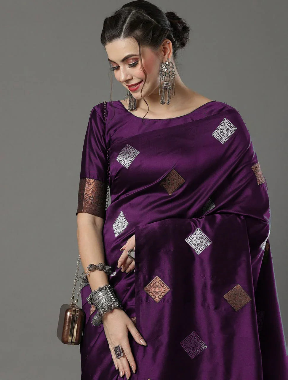 Banarasi Soft Silk Saree with Heavy Brocade & Copper-Silver Zari Weaving