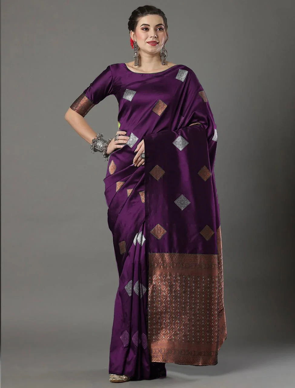 Banarasi Soft Silk Saree with Heavy Brocade & Copper-Silver Zari Weaving