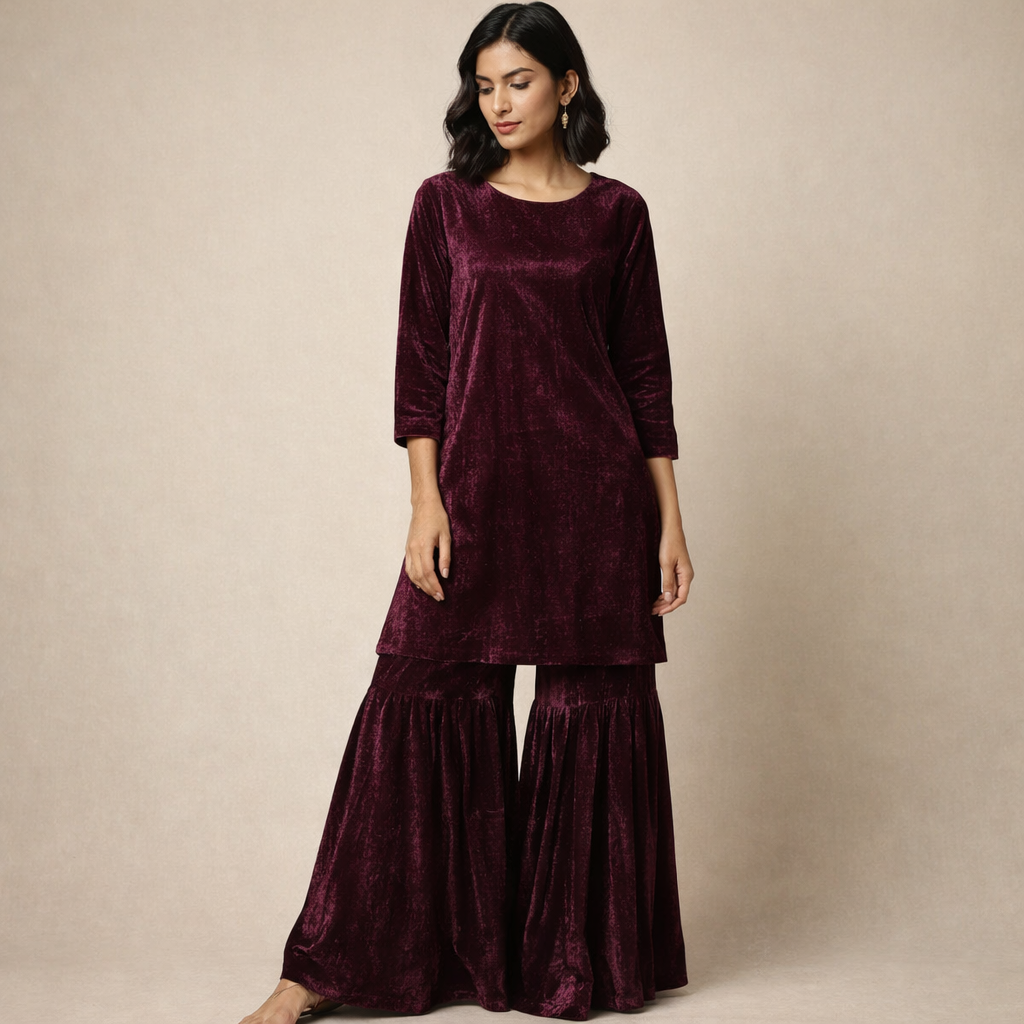 Solid Velvet Fabric for Blouse – Plain Unstitched Velvet Cloth – Wine – 1 Meter