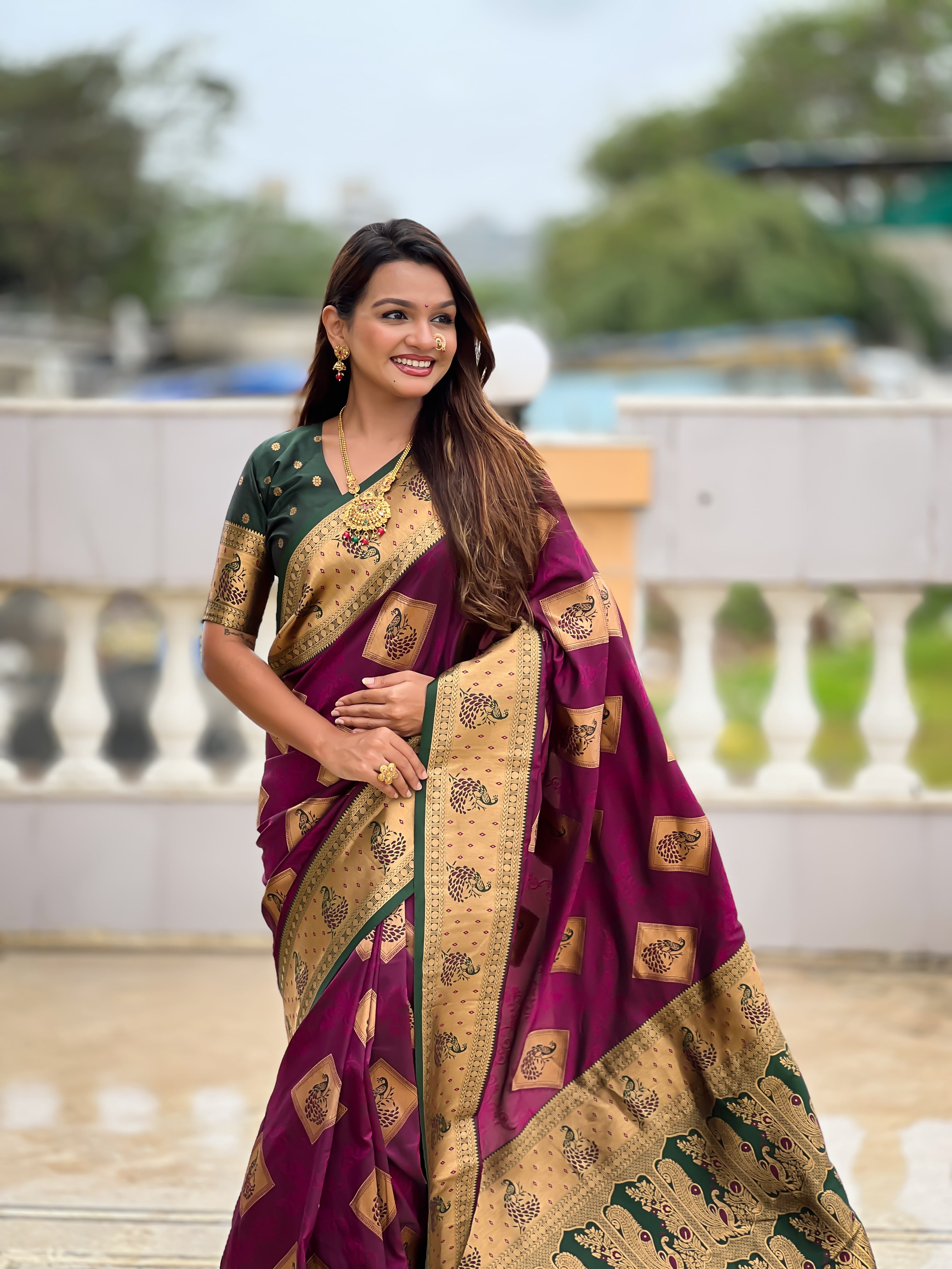 Soft Banarasi silk saree with zari weaving and Meenakari design and contrast woven pallu by Weave