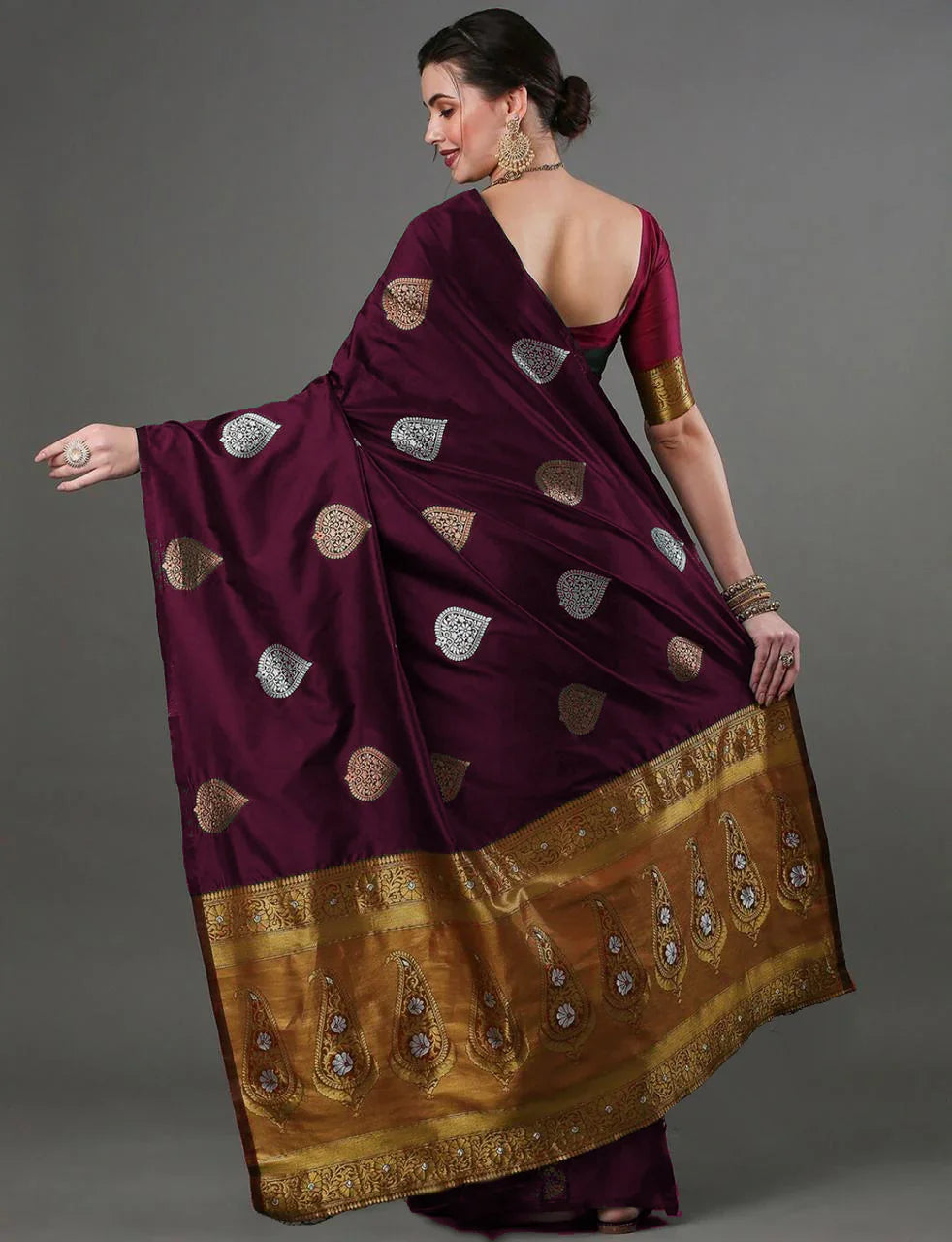 Banarasi Soft Silk Saree with Heavy Brocade & Copper-Silver Zari Weaving