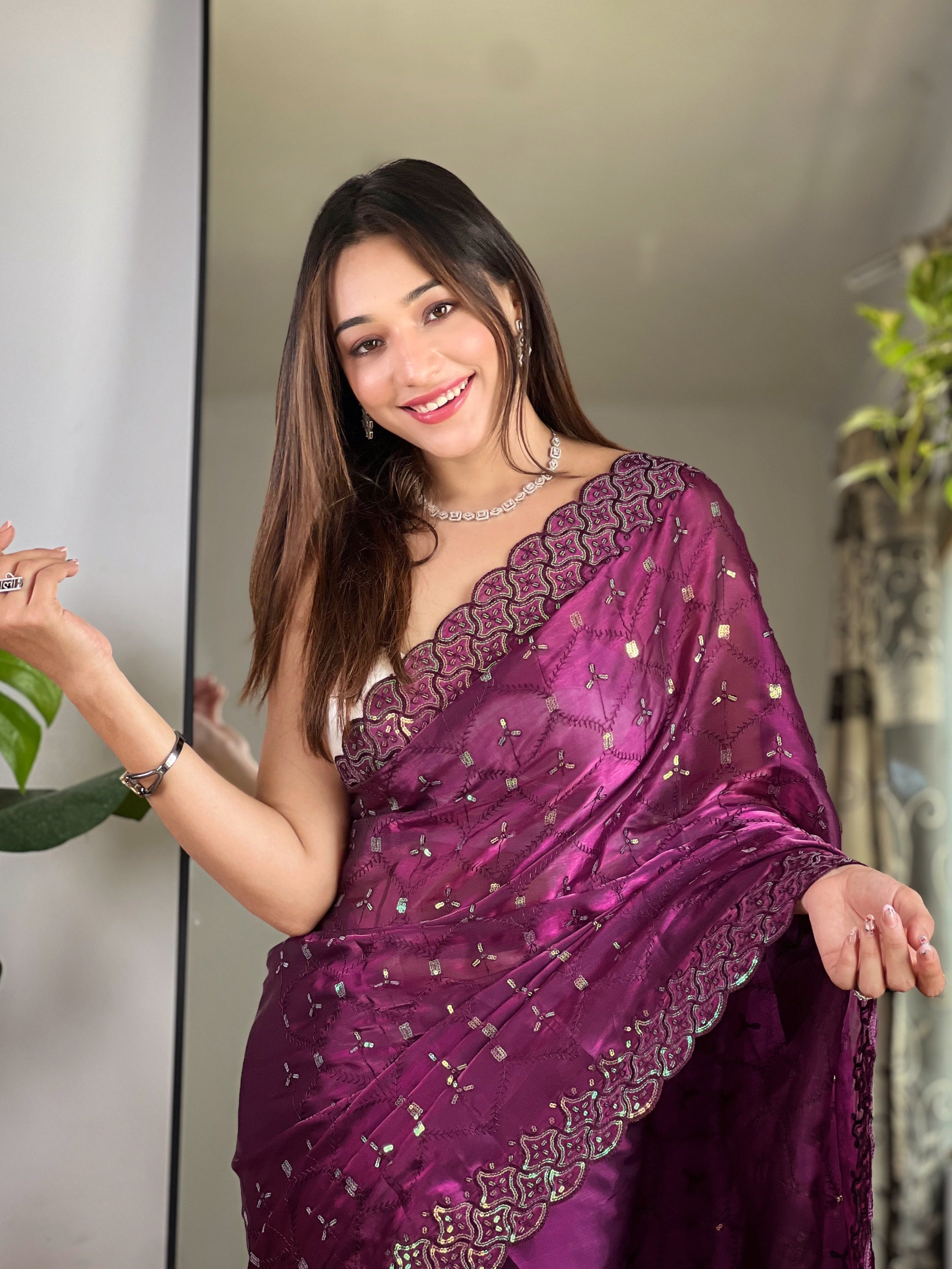 soft zimmy choo silk saree with designer sequin thread embroidery and cutwork