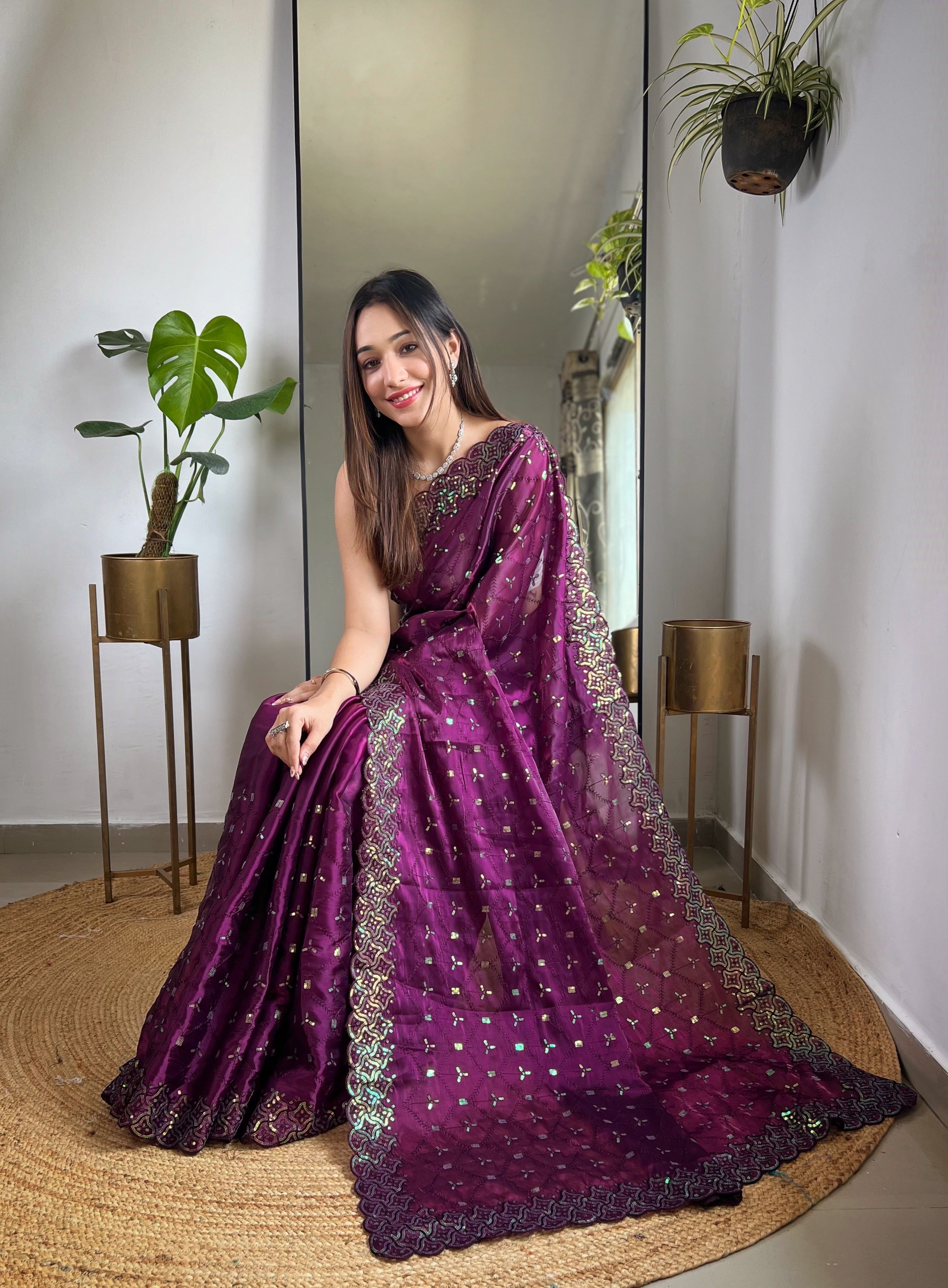soft zimmy choo silk saree with designer sequin thread embroidery and cutwork