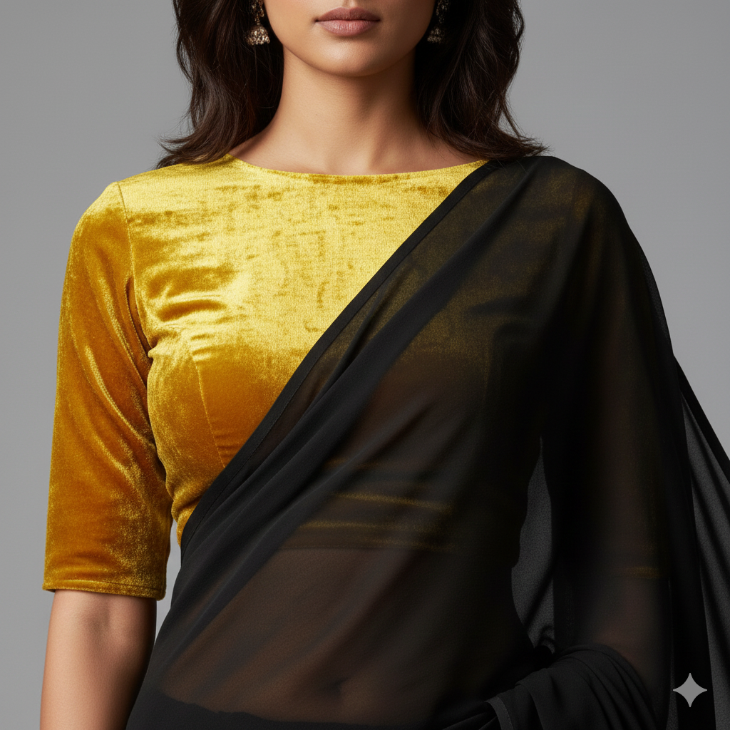 Black georgette saree paired with yellow velvet blouse for vibrant festive contrast