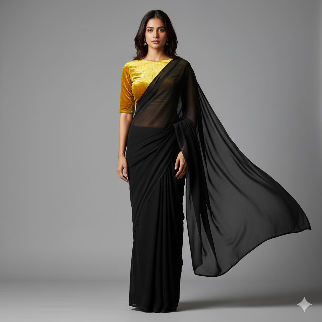 Black georgette saree paired with yellow velvet blouse for vibrant festive contrast