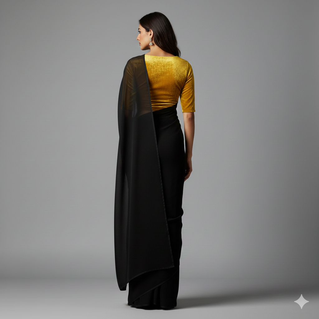 Black georgette saree paired with yellow velvet blouse for vibrant festive contrast