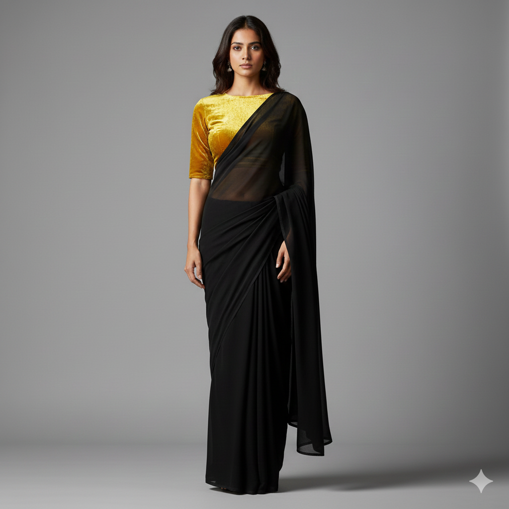 Black Georgette Saree with Yellow Velvet Blouse | Bright Contrast Saree for Festive Styling