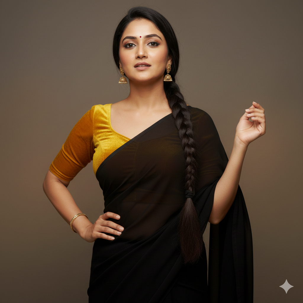 Black georgette saree paired with yellow velvet blouse for vibrant festive contrast