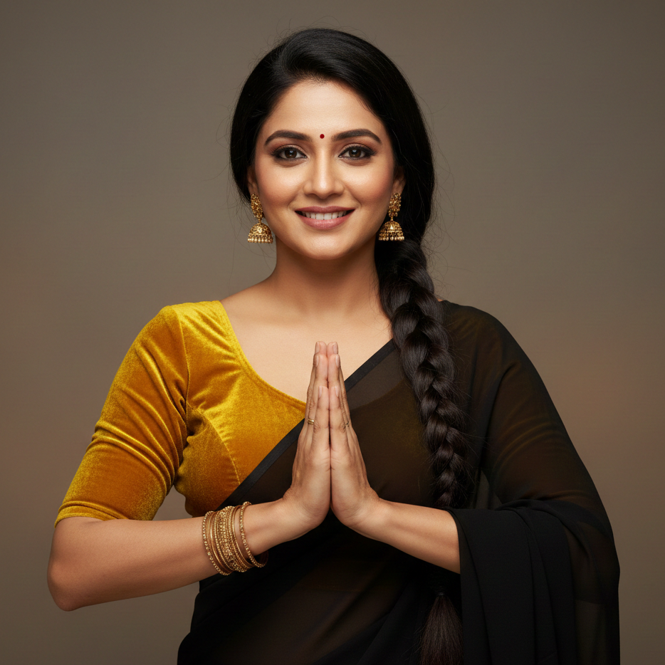 Black georgette saree paired with yellow velvet blouse for vibrant festive contrast