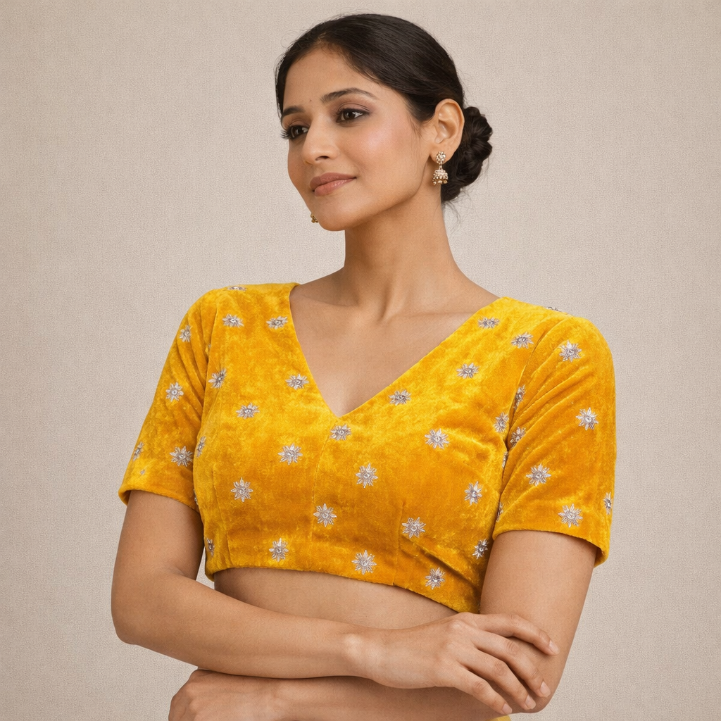 Yellow Star Embroidery Fabric – Designer Embroidered Fabric for Lehenga, Blouse & Kurti – 44 Inch Width – 1 Meter