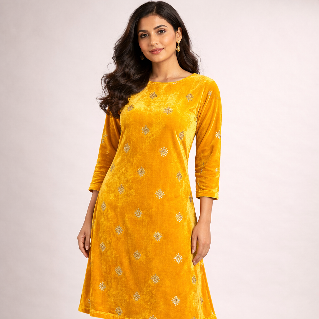 Yellow Star Embroidery Fabric – Designer Embroidered Fabric for Lehenga, Blouse & Kurti – 44 Inch Width – 1 Meter