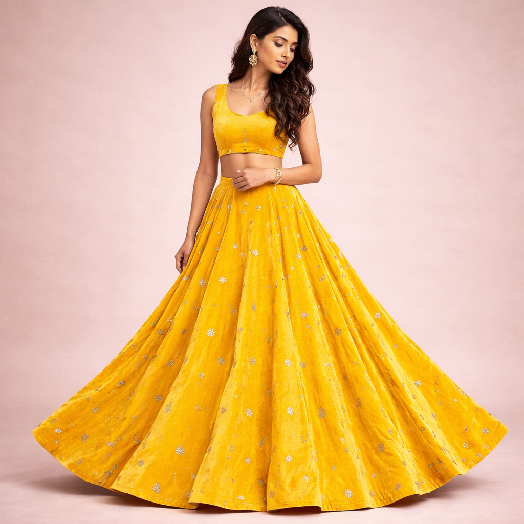 Yellow Star Embroidery Fabric – Designer Embroidered Fabric for Lehenga, Blouse & Kurti – 44 Inch Width – 1 Meter