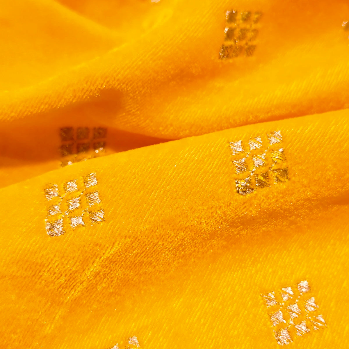 Yellow Square Embroidery Velvet Fabric – Designer Work | 1 Meter