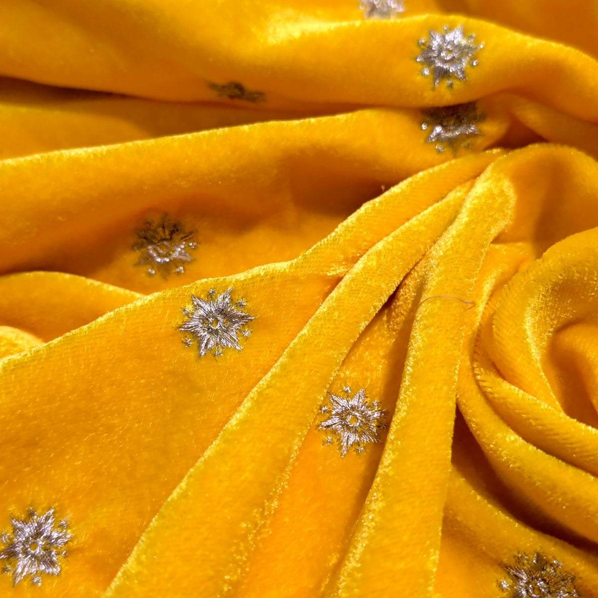 Yellow Star Embroidery Fabric – Designer Embroidered Fabric for Lehenga, Blouse & Kurti – 44 Inch Width – 1 Meter