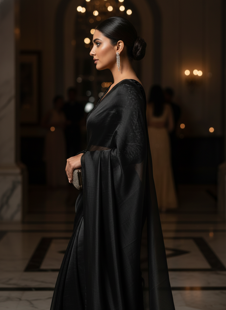 Jet black fandy saree styled with velvet blouse for bold ethnic look