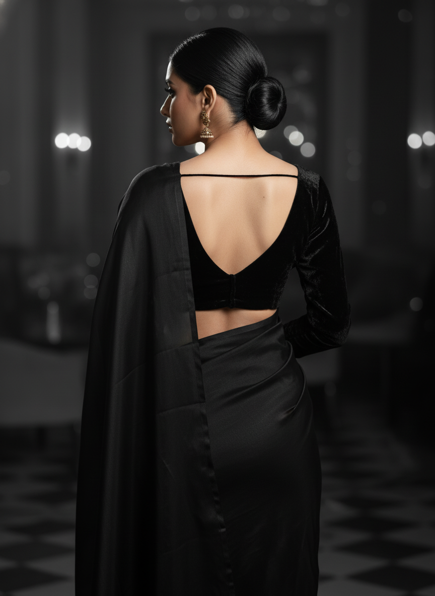 Jet black fandy saree styled with velvet blouse for bold ethnic look